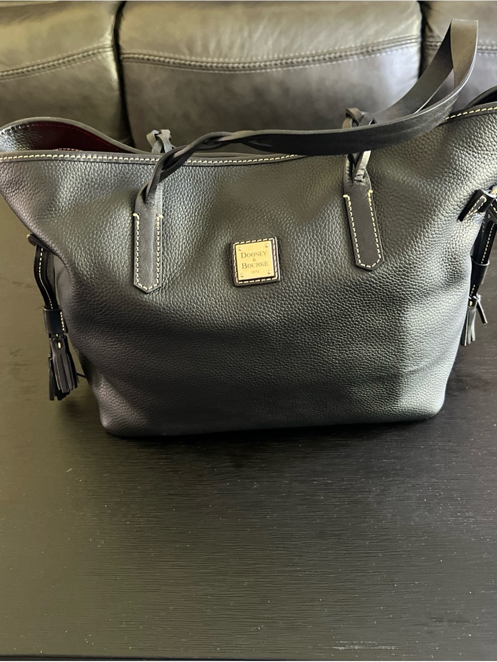 Dooney & Bourke Black Pebbled Leather Shoulder Tote with Tassels
